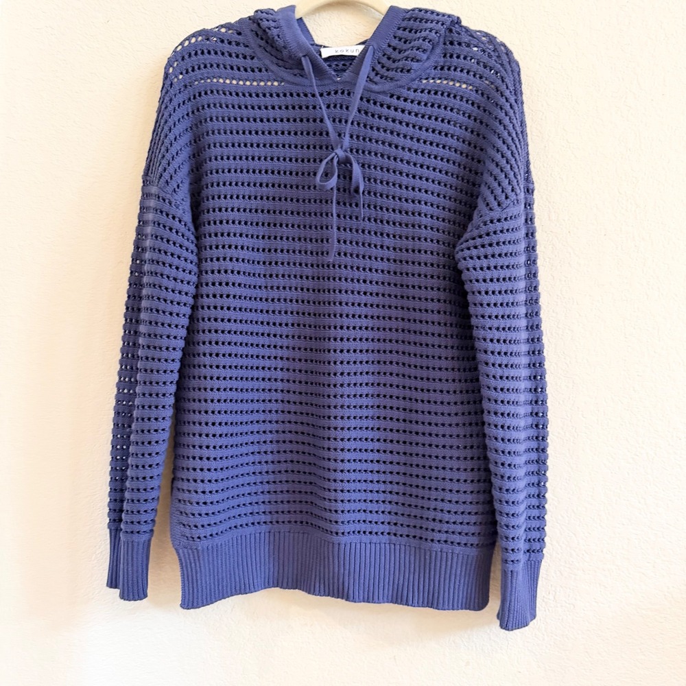 Kokun Womens Blue 100% Cotton Open Knit Crochet Hoodie Sweater Small Periwinkle